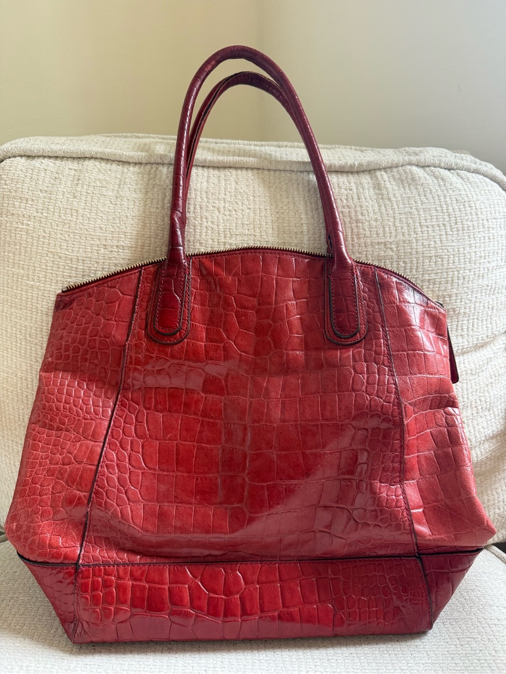Red Croc-Embossed Leather Tote Bag